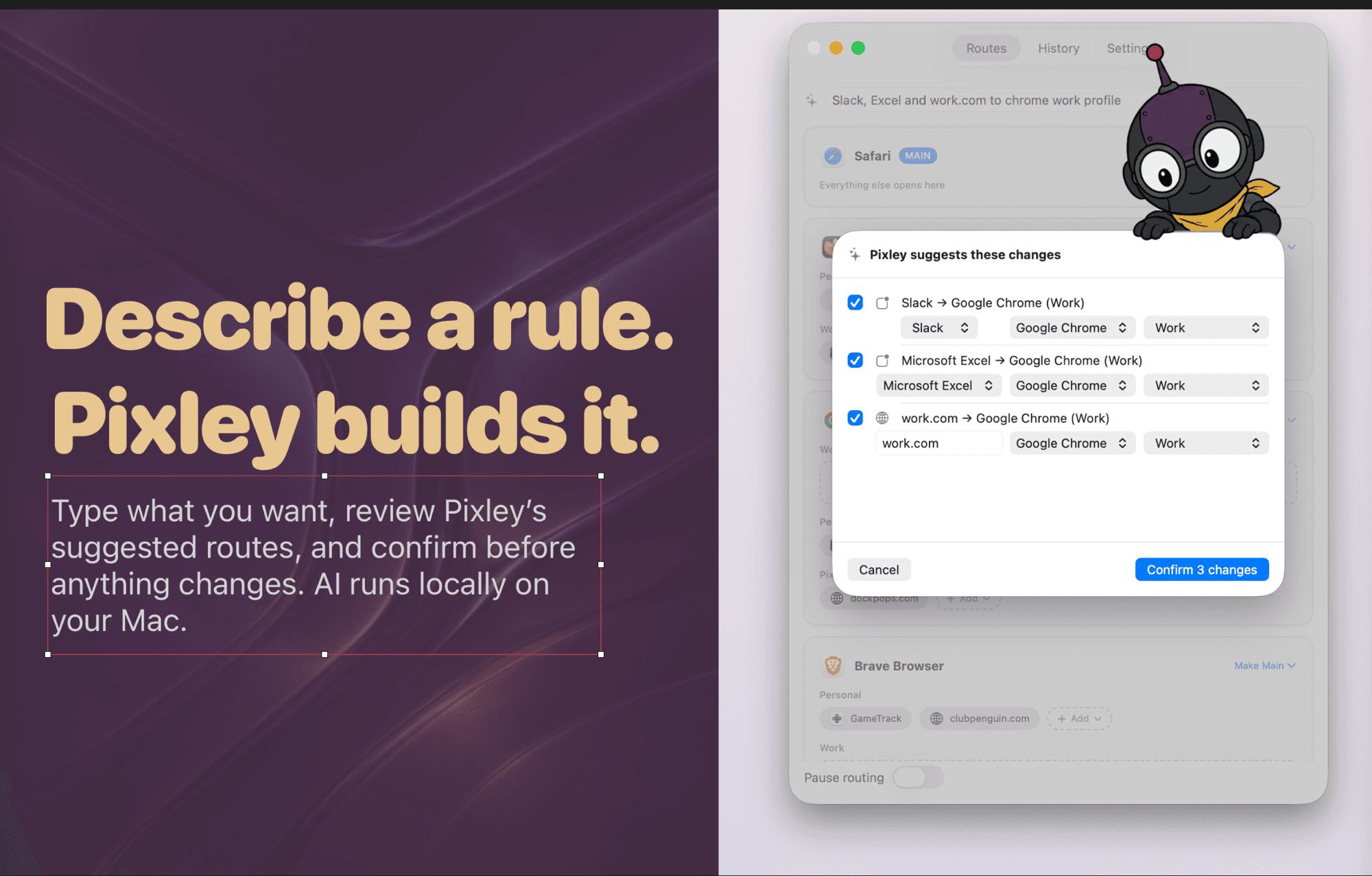 Typing a rule in plain English, with Pixley showing the changes it will make before you confirm