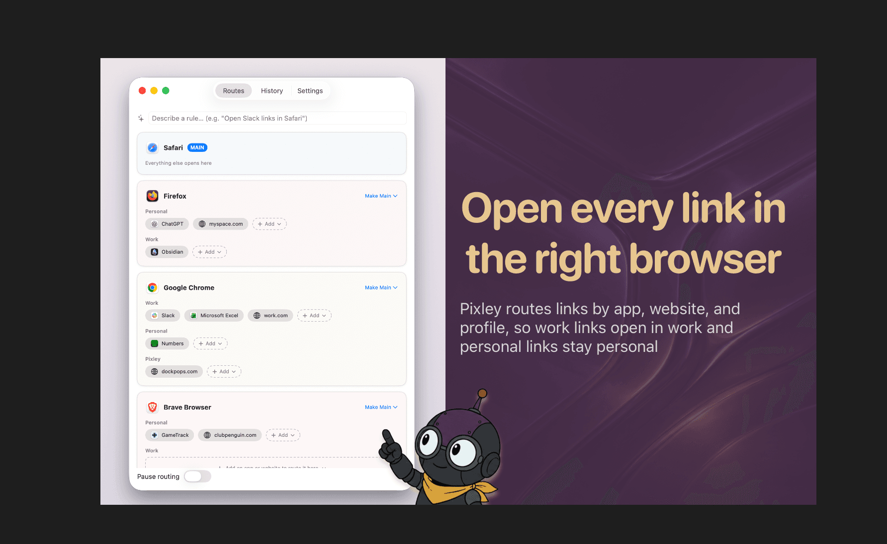 The Pixley Link Router window, routing links to Safari, Firefox, Chrome, and Brave by app, site, and profile