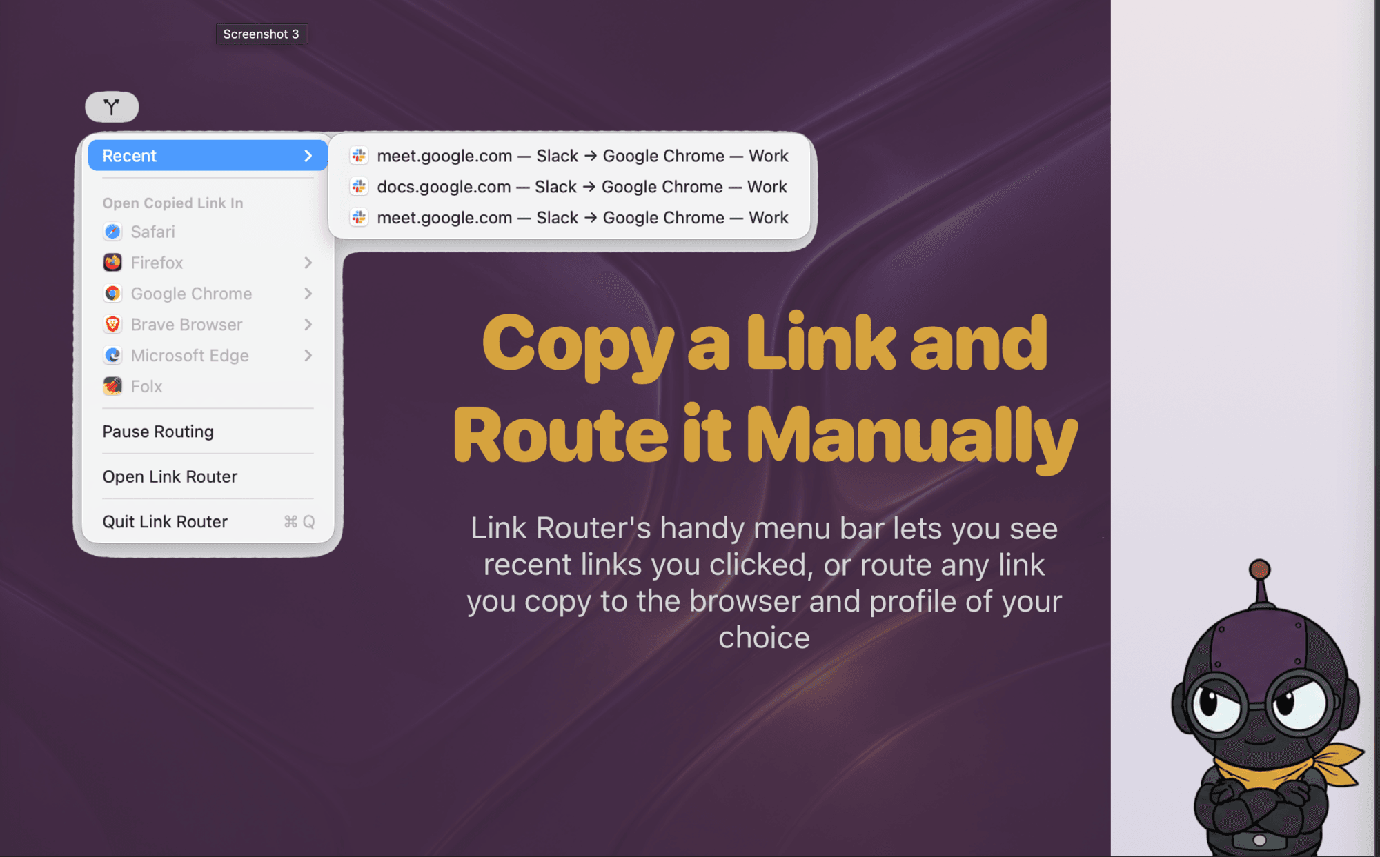 The Pixley Link Router menu bar item showing recent routes and a copied link ready to open anywhere